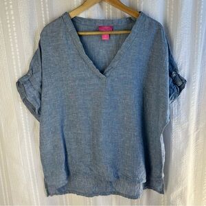 Isaac Mizrahi Light Blue V-Neck Linen Blend Blouse